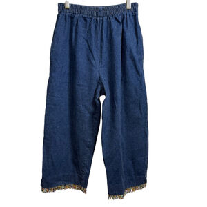 Vintage Cactus Flower Denim Capris Blue Beaded Hem Made in the USA Size M